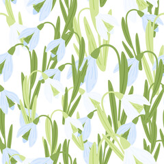 Spring botanic seamless pattern with green stems and blue snowdrop ornament. Isolated flowers backdrop.