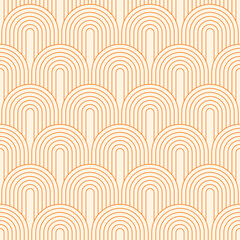 Vektornahtloses Muster. Böhmischer geometrischer Hintergrund. Orangefarbene Kreislinien. Textur für Druck, Textil. Strichzeichnungen.