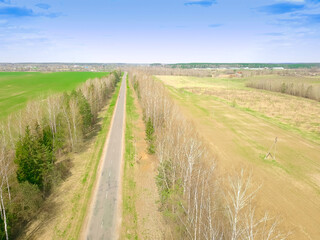 Drone view of the road in the spruce-birch forest in spring on a sunny day near the village