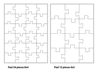 a collection of 24 and 12 puzzle pieces, in 8x3 and 3x4 rectangles. The puzzle layout is ready to print. Isolated on white, it is a backup of the cut line. classic