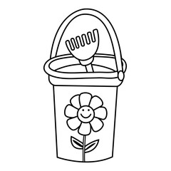 Baby bucket with sand rake doodle isolated on white background. Beach toys for children. Kids bucket with pattern of flower. Hand drawing vector illustration. Summer holiday.