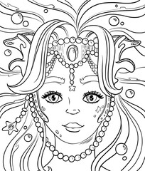 Coloring page with mermaid. Line art design for adults or children coloring in doodle style.