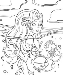 Coloring page with mermaid. Line art design for adults or children coloring in doodle style.