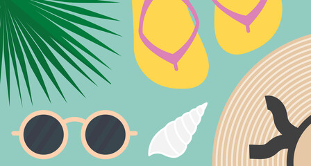 summer composition, palm leaf, straw hat, sunglasses, flip flops and sea shell- vector illustration