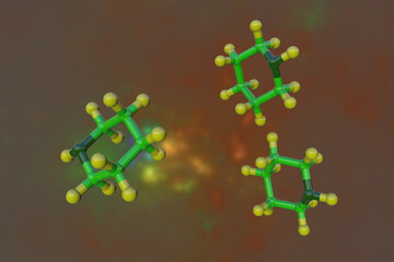 Molecular model of piperidine, an organic compound that present in black pepper and used as a raw material for pharmaceuticals, agrochemicals and rubber chemicals. 3d illustration