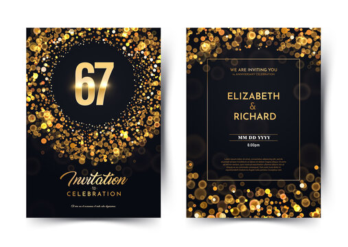 67th years birthday vector black paper luxury invitation double card. Sixty seven years wedding anniversary celebration brochure. Template of invitational for print dark background with bokeh lights
