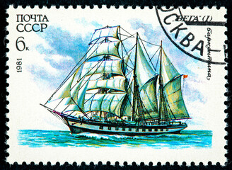 sailing ships Barkentina Vega sailing ship at the sea
