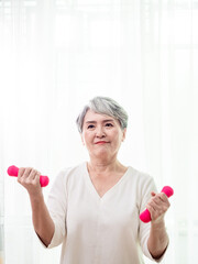 Healthy Lifestyle. Smiling Senior asian Lady Exercising With Dumbbells At Home