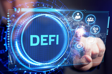 DeFi -Decentralized Finance on dark blue abstract polygonal background. Concept of blockchain, decentralized financial system.