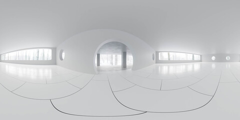 full apherical 360 degrees panorama view of empty big modern appartment with big windows and forest view 3d render illustration hdri hdr vr