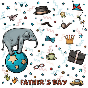 Happy Father's Day Cartoon illustration. Doodle elements collection. Vector clip art crown, mustache, toy car