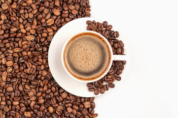  a cup of coffee and coffee beans.