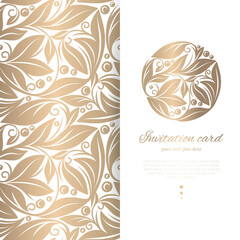 Golden luxury invitation card design with leaf mandala pattern. Vintage ornament template. Can be used for background and wallpaper. Elegant and classic vector elements great for decoration.