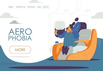 Landing page for people suffering from aerofobia. Young female character in plane seat scared to death because of turbulence