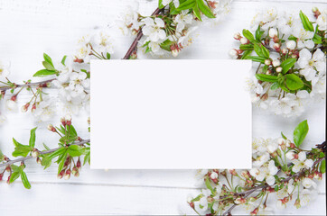 Spring floral background for greeting card on a wooden background. copy space