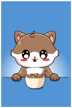 Cute and happy cat eating a noodle cartoon illustration