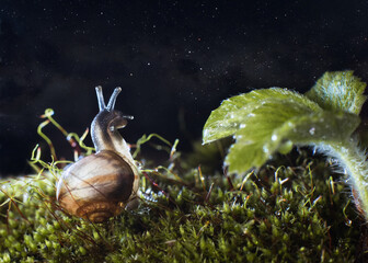 magical macro photo of a snail sitting and looking at the starry sky