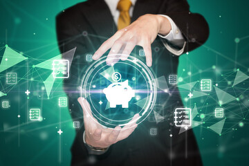 Businessman holdig business icons concept