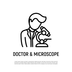 Doctor looks in microscope thin line icon.  Laboratory research. Vector illustration.