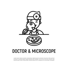 Young doctor looking through magnifying glass at Petri dish. Laboratory research. Thin line icon. Vector illustration.