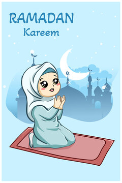 Little muslim girl praying at ramadan kareem cartoon illustration