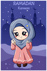 Little happy muslim girl at ramadan kareem cartoon illustration