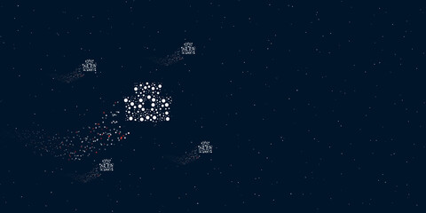 A castle symbol filled with dots flies through the stars leaving a trail behind. Four small symbols around. Empty space for text on the right. Vector illustration on dark blue background with stars