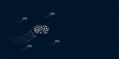 Fototapeta na wymiar A diving goggles symbol filled with dots flies through the stars leaving a trail behind. There are four small symbols around. Vector illustration on dark blue background with stars