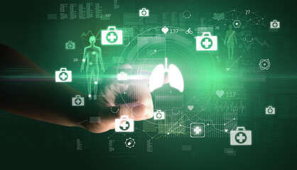 Doctor hand pressing futuristic health device with medical symbol on screen