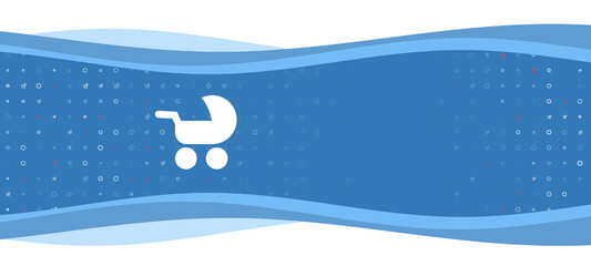 Blue wavy banner with a white baby carriage symbol on the left. On the background there are small white shapes, some are highlighted in red. There is an empty space for text on the right side