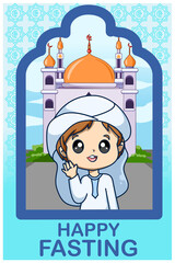 Happy fasting little muslim boy in ramadan kareem cartoon illustration