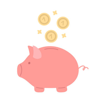 Cute cartoon vector illustration with pig money box and golden coins. Save money design concept. Pink character isolated on white background. Banking, investment or finance services