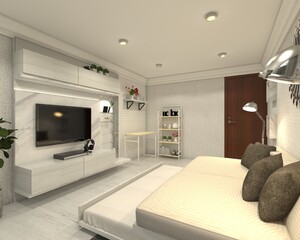modern living room with sofa bed and television cabinet table and panel