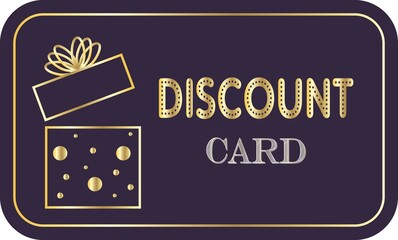 Vintage discount card,voucher,coupon template with golden frame and gift illustration. Rich blue background.