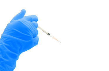 blue medical doctor glove hold syringe of drug isolated on white with copy space
