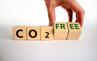CO2 free symbol. Businessman turns cubes, changes concept words 'CO2' to 'CO2 free'. Beautiful white table, white background. Business and CO2 free concept. Copy space.