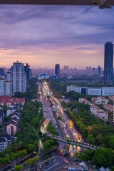 Fototapeta na wymiar Beautiful Scenery of Jakarta Skyline from Kemayoran during sunrise and daylight
