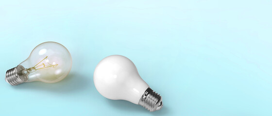 Creative Idea inspiration concept Light bulb lamp and Eco energy saving Concept on blue background. copy space, digital, banner- 3d rendering