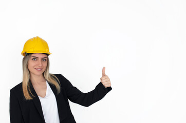 Portrait woman engineer with yellow safety helmet isolated on white background