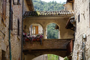 Scheggino window detail on a sunny spring day, Valnerina, Perugia, Umbria, Italy