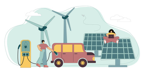 Green energy concept. Alternative energy sources. A man charges an electric car at a charging station. Solar panels and wind turbines in the background.