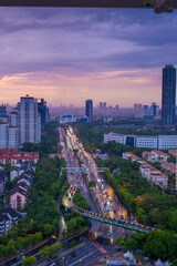 Fototapeta na wymiar Beautiful Scenery of Jakarta Skyline from Kemayoran during sunrise and daylight