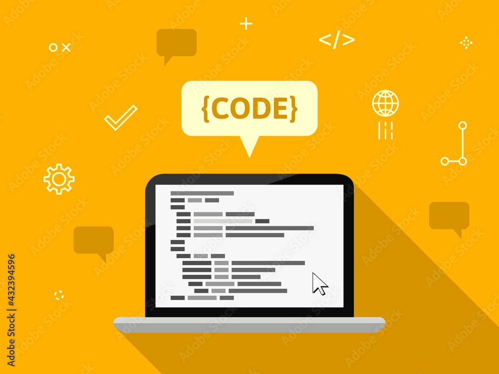 Poster programming concept with notebook, code and icons in flat design