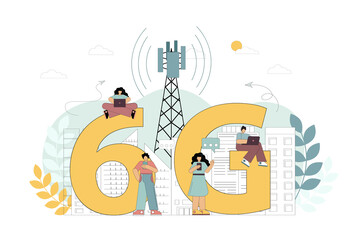 6G technologies. New generation mobile networks. Workers on the tower are installing high-speed mobile Internet