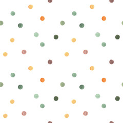 Hand drawn watercolor seamless polka dot pattern with small circles in warm yellow and green colors. - 432395156