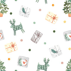 Hand drawn watercolor seamless Christmas pattern with small circles, gifts and deers in warm yellow and green colors. - 432395183