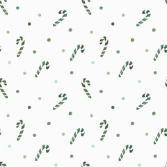 Hand drawn watercolor seamless Christmas pattern with small circles and candy in green colors.