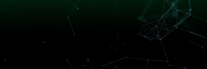 Abstract connected dots and lines on black background. Communication and technology network concept with moving lines and dots. Wide banner