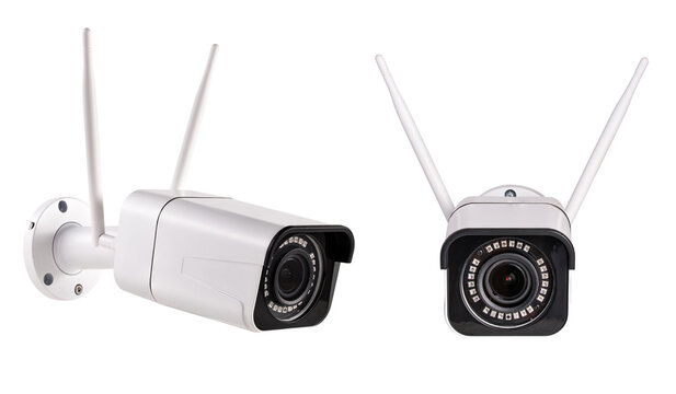 Security Camera Wireless or WiFi with Optical Zoom. Outdoor video monitoring system for protection or safety home or car. Macro High resolution photo Full depth of field Isolated on white background.