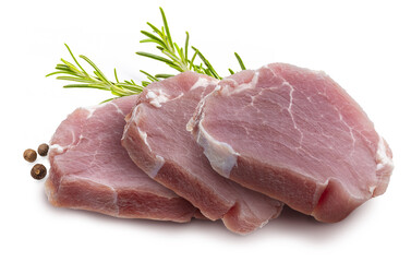 Raw pork tenderloin (sirloin) steaks (chunks), juicy and fresh. Isolated on white background. With rosemary leaves and black pepper. Isolated on white background.